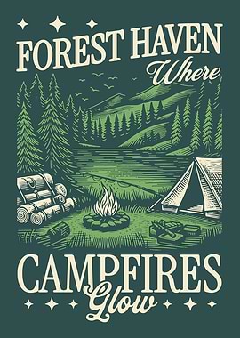 Forest Haven Vintage Poster, Camping Campfire Wall Art, Nature Landscape Decor, Outdoor Adventure Art