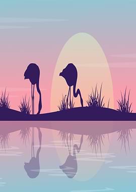 Flamingos Silhouetted at Sunset