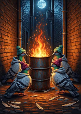 Pigeons Gather Around a Barrel Fire