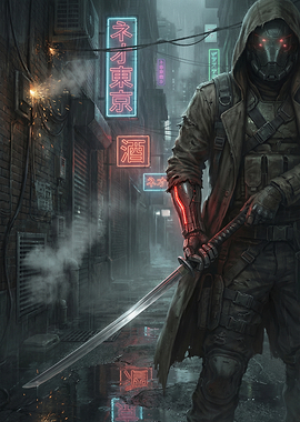 Cyberpunk Samurai in Neon Alley