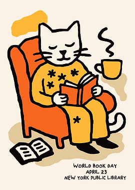 Cozy Reading Cat Poster Print