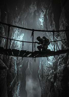 Figure on a Rope Bridge in a Crystal Cave