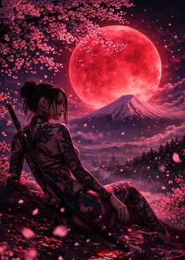 Tattooed Woman Under Red Moon