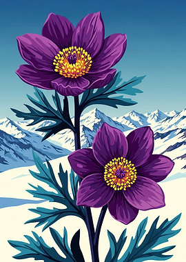 Purple Flowers in Snowy Mountains