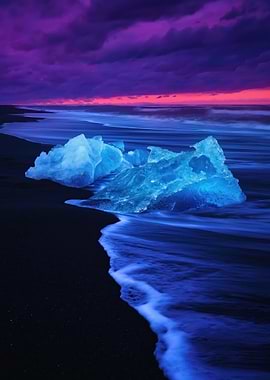 Iceberg on Black Sand Beach at Sunset