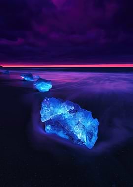 Glowing Ice Chunks on a Beach at Dusk