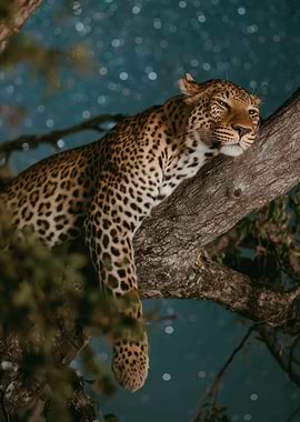 Leopard resting on a tree at night