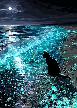 Black cat on a glowing beach at night