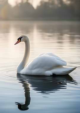 Swan on a calm lake at sunrise
