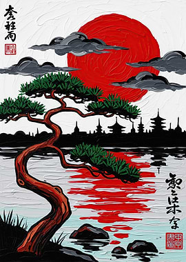 Japanese Landscape with Bonsai and Sun