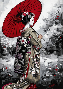 Geisha with Red Umbrella