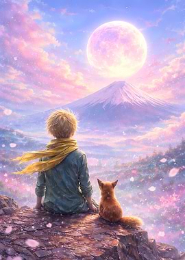The Little Prince and Fox admire Mount Fuji