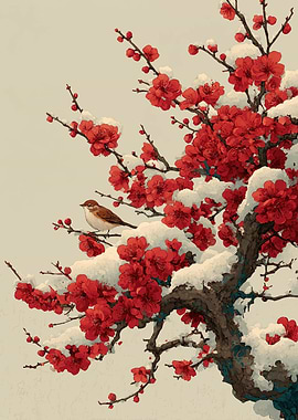 Bird on Snowy Plum Blossoms