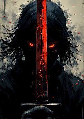Samurai with glowing red eyes and sword