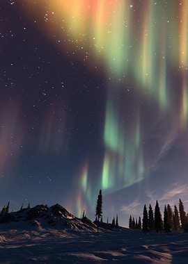 Aurora Borealis Over Snowy Mountains