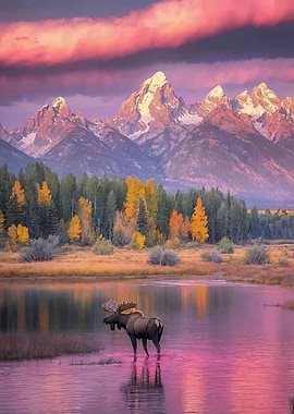Moose in a lake at sunset