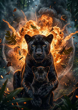 Black Panther Mother and Cub in Jungle Explosion
