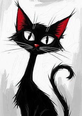 Stylized Black Cat with Red Ears