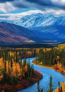 Autumn River Valley with Snow-Capped Mountains