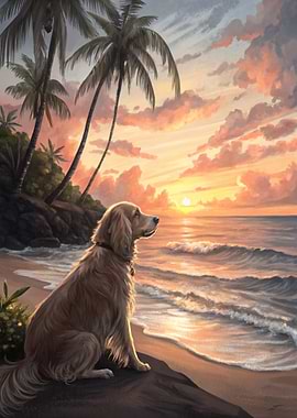 Golden Retriever Dog on Beach at Sunset