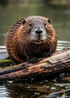 Beaver on a log in water