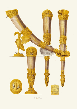 Ornate Golden Horns and Emblems