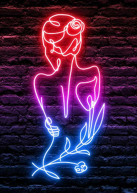 Neon Line Art Seductive Woman with Flower Motive