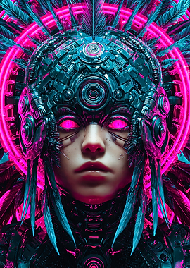 Cyberpunk Warrior with Neon Headdress