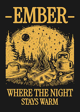 Ember Vintage Poster, Campfire Night Wall Art, Outdoor Camping Design, Wilderness Fire Decor