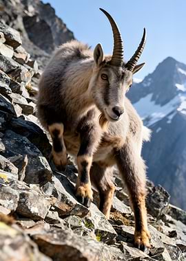 Alpine Ibex on Rocky Mountain Slope