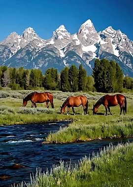 Horses grazing by a stream with mountains