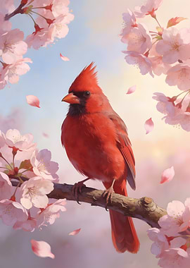 Red Cardinal on Cherry Blossom Branch