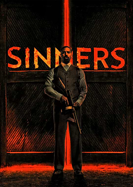 Man with Gun in front of Sinners sign