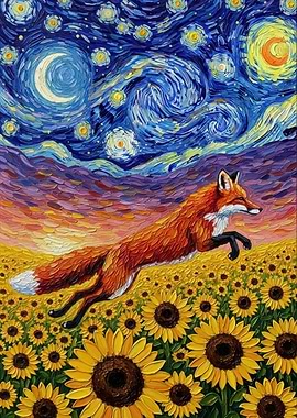 Fox in Sunflower Field Under Starry Sky