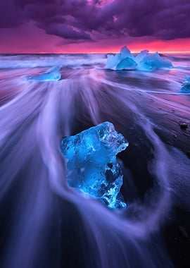Icebergs on a Black Sand Beach at Sunset