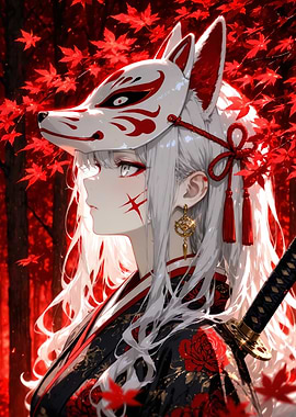 Anime Girl with Fox Mask and Katana