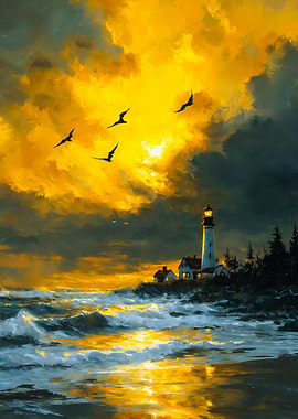 Golden Hour Coastal Lighthouse Painting