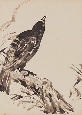 Ink Drawing of a Crow on a Branch