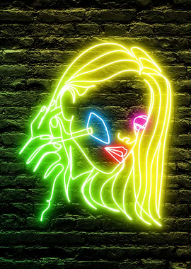 Colorful Neon Woman Doing Make Up on Brick Wall Background