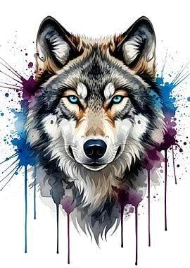 Watercolor Wolf Portrait with Splashes