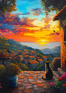 Cat Watching Sunset Over Village