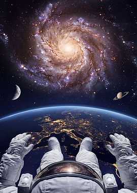 Astronaut viewing Earth and galaxy