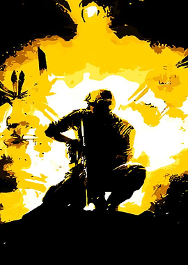 Soldier in Explosive Yellow Background