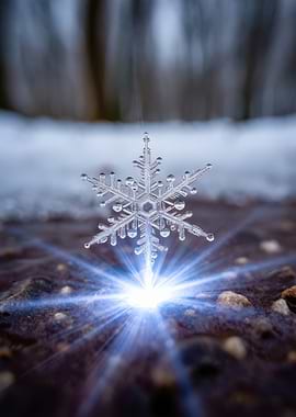 Close-up of a Snowflake with Light Burst