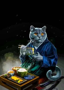 Samurai Cat Eating Noodles