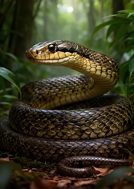 Snake coiled in lush forest