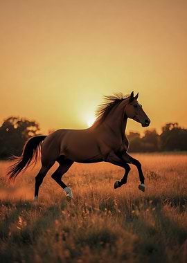 Horse running at sunset