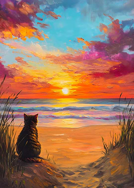 Cat Watching a Sunset on the Beach