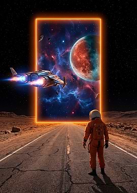 Astronaut on Mars road to space portal