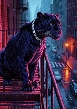 Black Panther on Fire Escape in Rainy City